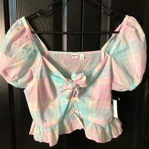 Abound Womens Milkmaid Crop Top S Plaid Button Puff Sleeves Pastel Plaid Ibiza